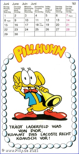 Pilly Pillhuhn Kalender Freche Sprüche 1992 Juni Lagerfeld, Dior, Lacoste