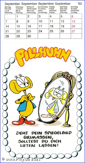 Pilly Pillhuhn Kalender Freche Sprche 1992 September Pillhuhn als Spiegelbild