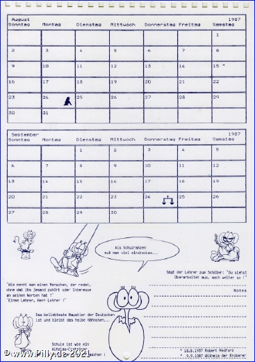 Pillhuhn Schlerkalender 1988 Kalenderblatt August-September 1987