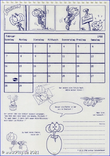 Pillhuhn Schülerkalender 1988 Kalenderblatt Februar