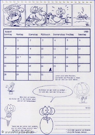 Pillhuhn Schlerkalender 1988 Kalenderblatt August