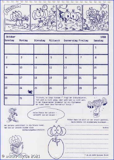 Pillhuhn Schülerkalender 1988 Kalenderblatt Oktober