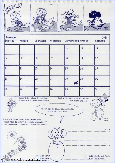 Pillhuhn Schlerkalender 1988 Kalenderblatt Dezember