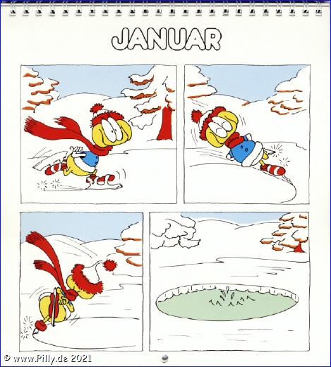 Pillhuhn Schlerkalender 1987 Januar Pillhuhn beim Eislaufen
