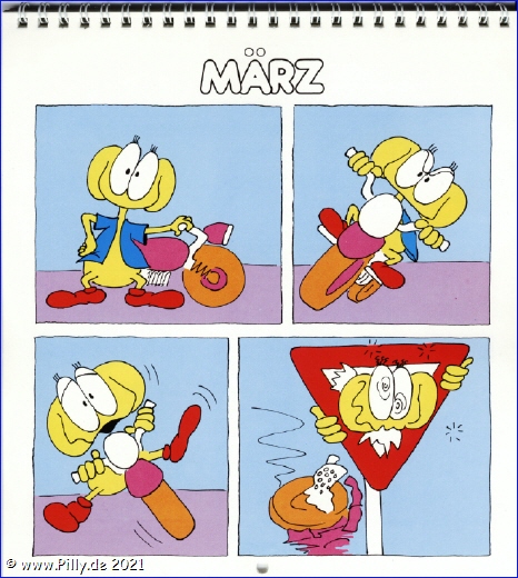 Pillhuhn Schülerkalender 1987 März Pillhuhn beim Motorrad fahren