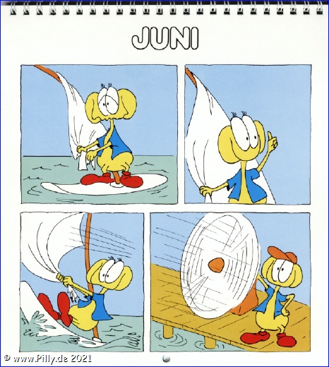 Pillhuhn Schlerkalender 1987 Juni Pillhuhn beim Surfen