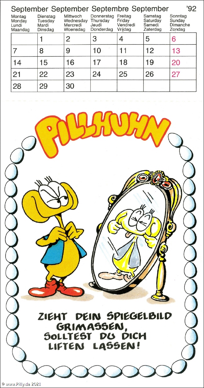 Pilly Pillhuhn Kalender Freche Sprche 1992 September Pillhuhn als Spiegelbild