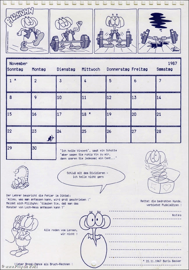 Pillhuhn Schlerkalender 1988 Kalenderblatt November 1987