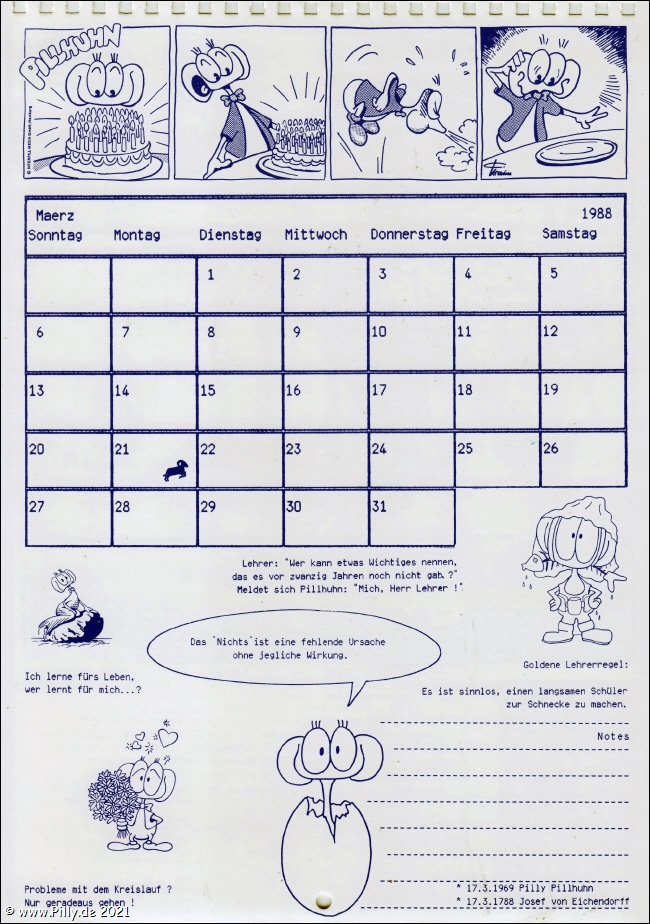 Pillhuhn Schlerkalender 1988 Kalenderblatt Mrz