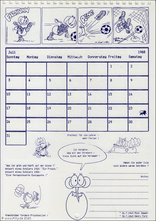 Pillhuhn Schlerkalender 1988 Kalenderblatt Juli