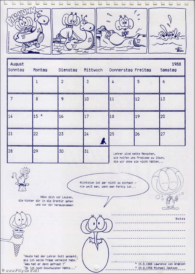 Pillhuhn Schlerkalender 1988 Kalenderblatt August