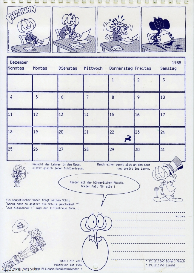 Pillhuhn Schlerkalender 1988 Kalenderblatt Dezember